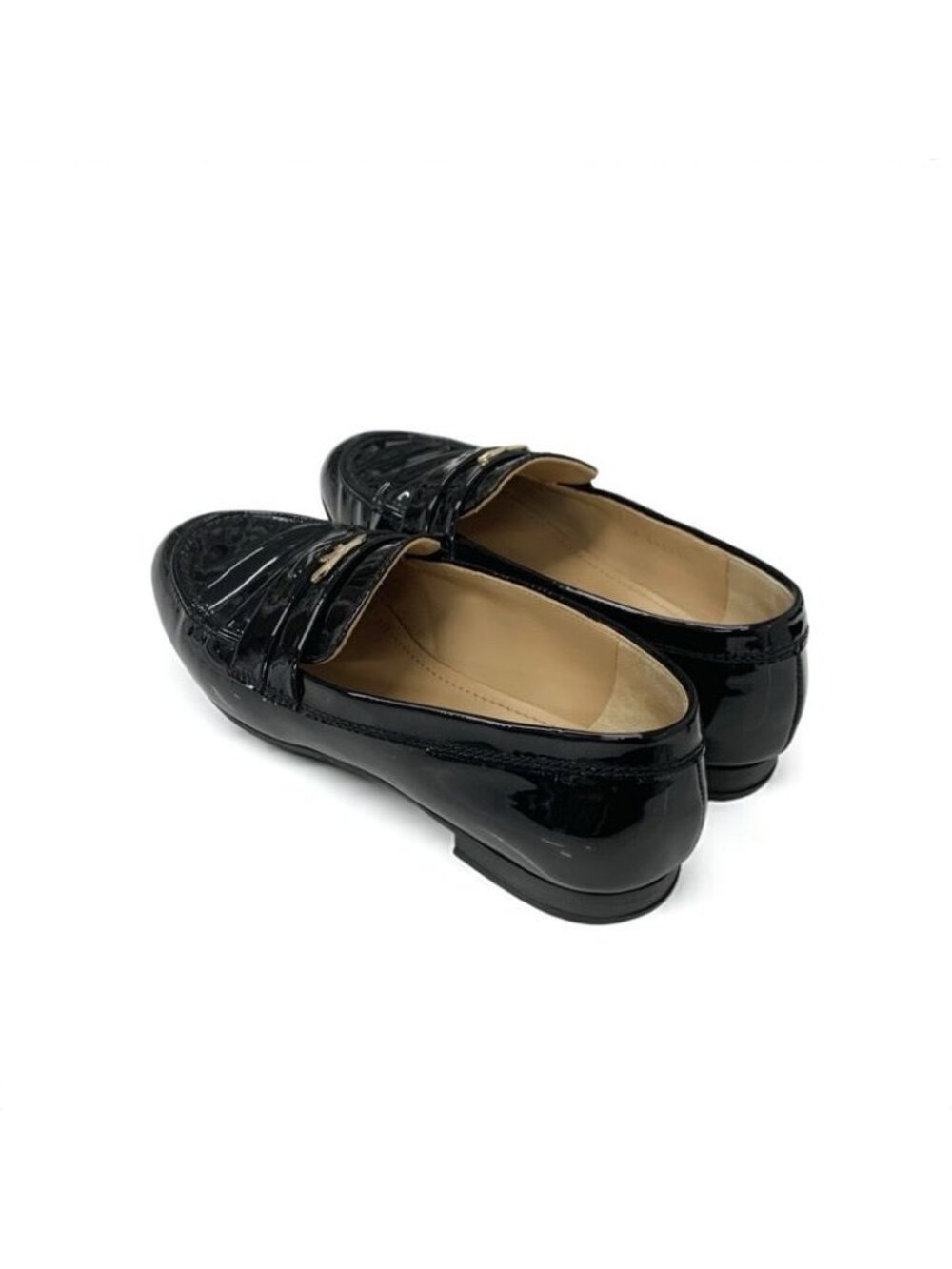 Chanel Loafer Leather Shoes Enamel Black Gold Coco Mark - Picture 4 of 10